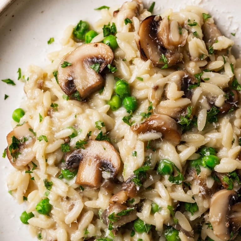 Steaming bowl of Orzo Mushroom Risotto-Style pasta, garnished with grated Parmesan and fresh herbs.