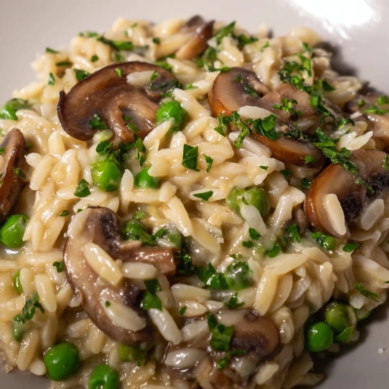 Creamy Orzo Mushroom Risotto-Style with sautéed mushrooms and peas, ready to serve with crusty bread.
