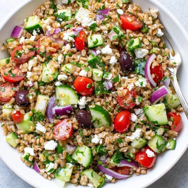 Serving suggestion for Farro Salad Mediterranean, garnished with parsley and mint, perfect as a light lunch or side dish.