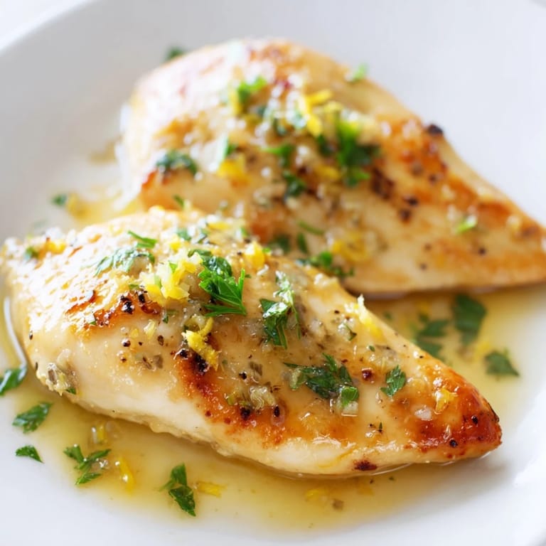 A close-up of tender, golden-brown Lemon Pepper Chicken in a skillet, steaming with zesty lemon pepper butter sauce.  