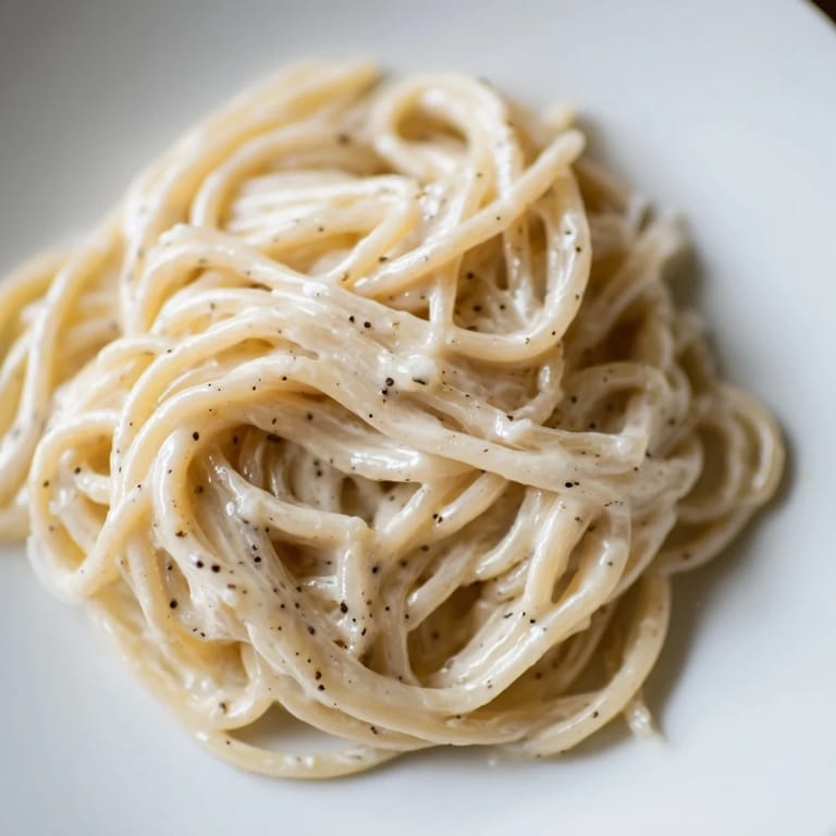 Spaghetti Cacio e Pepe served warm on a plate, with a light dusting of grated Pecorino Romano and a side salad for a complete meal.