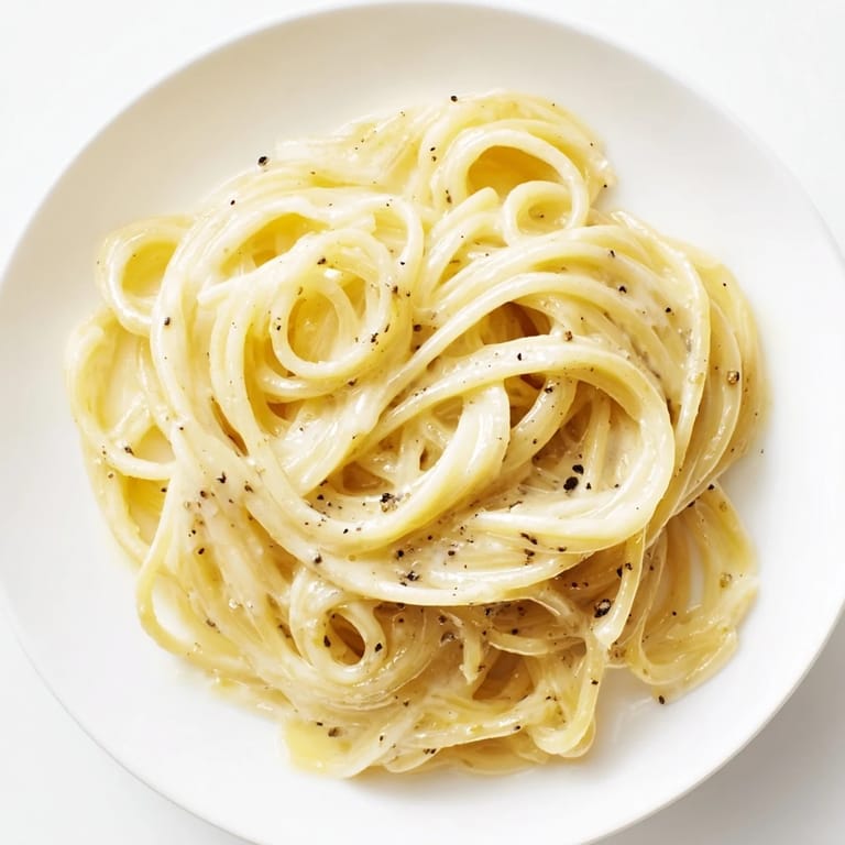 A rustic bowl of Spaghetti Cacio e Pepe, featuring perfectly al dente pasta coated in a glossy, peppery cheese sauce ready to be enjoyed.