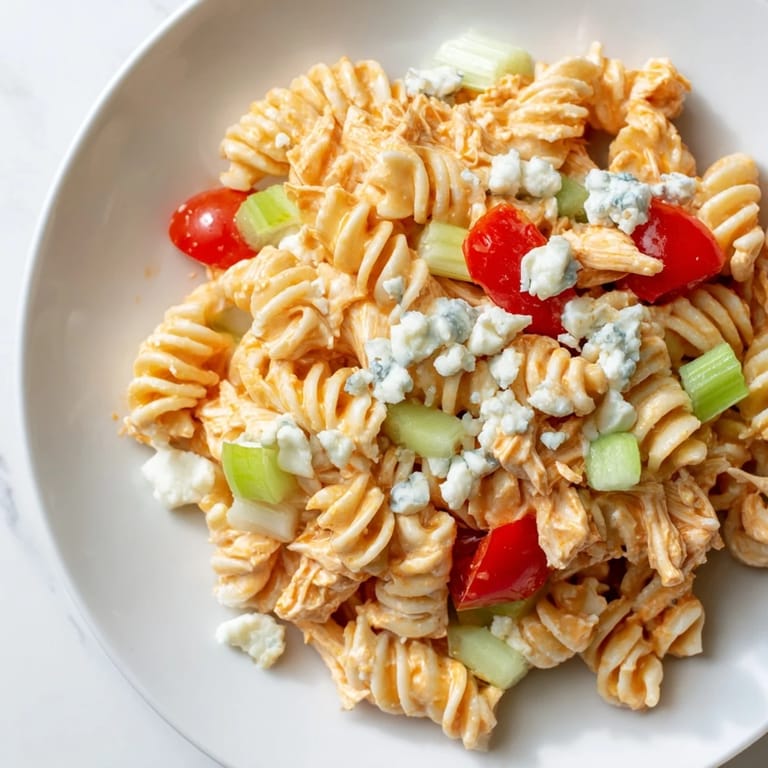Cold buffalo chicken pasta salad featuring rotini noodles, blue cheese crumbles, and a zesty homemade dressing.