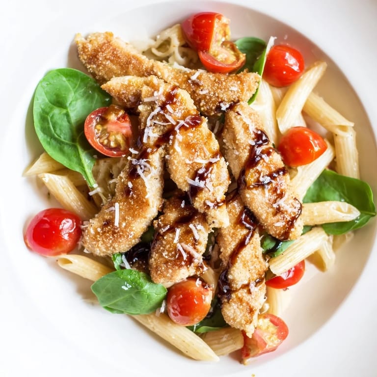 A close-up of balsamic glazed chicken pasta with melted Parmesan and fresh basil, served warm for an easy weeknight dinner.