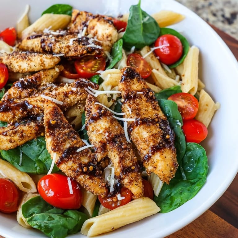 Steam rising from a bowl of tender chicken pasta, featuring a vibrant spinach and tomato sauce, ready to enjoy.