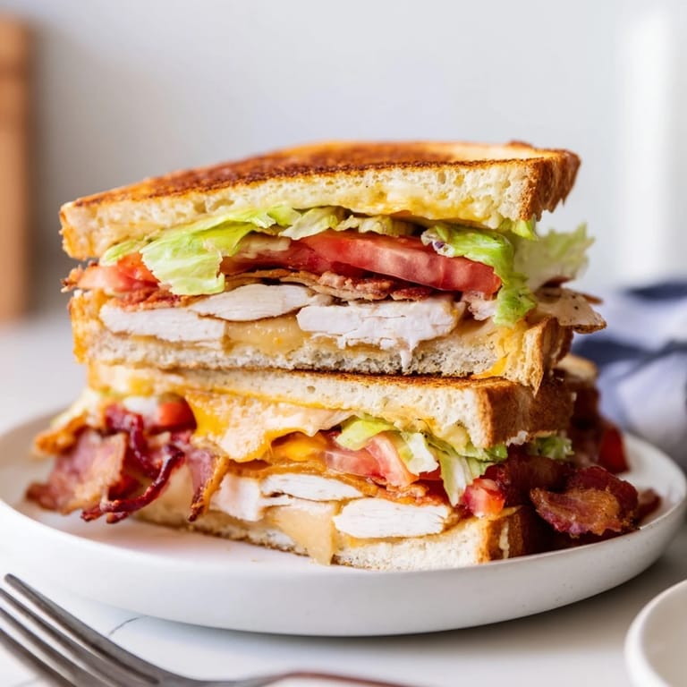 A hearty grilled cheese sandwich featuring turkey, bacon, and melted cheese, served warm for lunch.