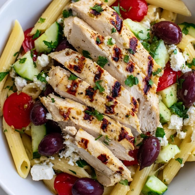 Close-up of Greek Chicken Pasta Bowl featuring olives, cucumbers, and fresh parsley with a drizzle of olive oil.  