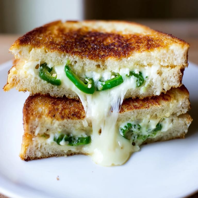 Close-up of Jalapeño Havarti Grilled Cheese on a slate board, highlighting the gooey melted Havarti and fresh, spicy jalapeño slices.