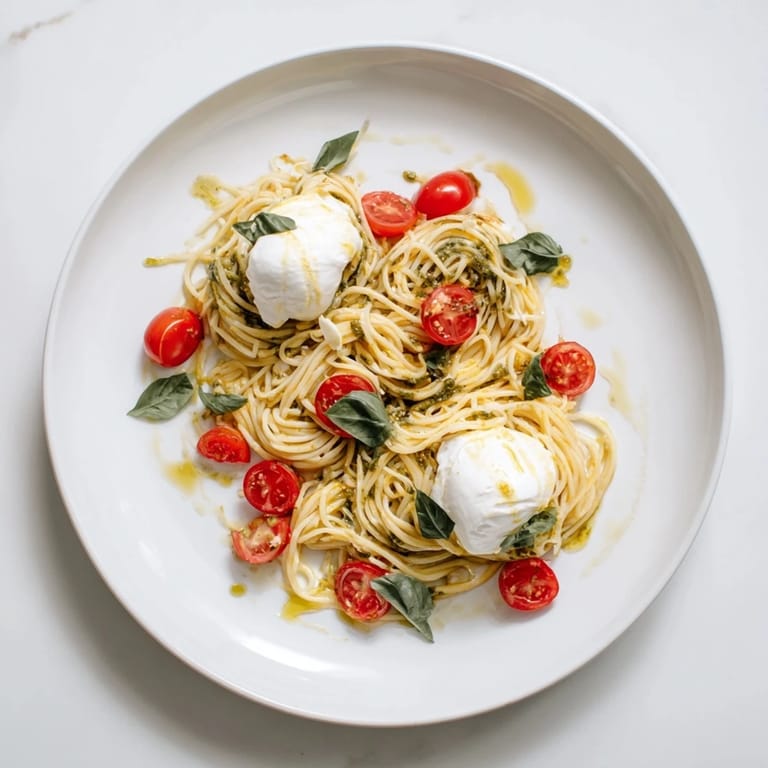 A plate of Burrata Caprese Pasta tossed in a silky tomato sauce, ready for dinner.