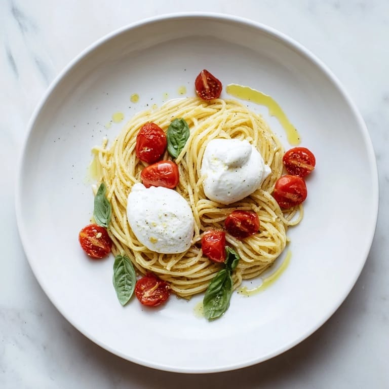 Creamy burrata cheese placed atop vibrant Burrata Caprese Pasta, drizzled with olive oil and basil.
