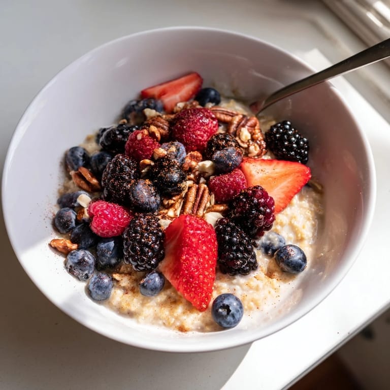 Warm millet porridge with sweet maple syrup and fragrant cinnamon, generously topped with antioxidant-rich blueberries and raspberries.