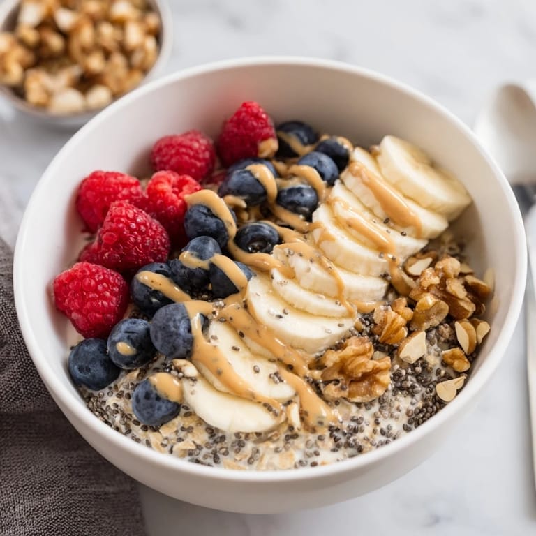 A creamy jar of Overnight Oats with chia seeds, layered with sliced banana and crunchy almonds.