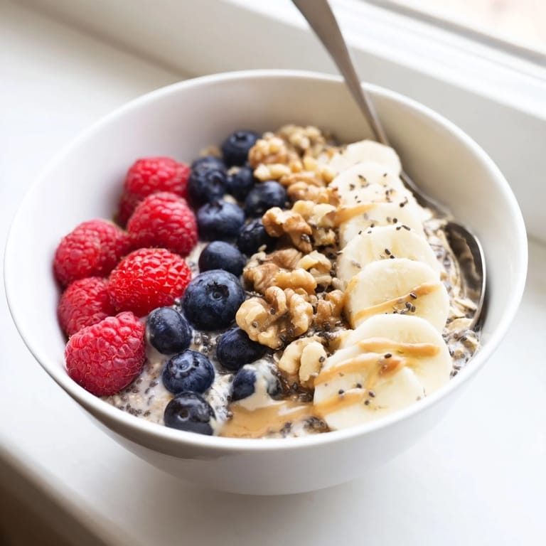 Ready-to-eat Overnight Oats with chia seeds, garnished with raspberries and a spoonful of nut butter.
