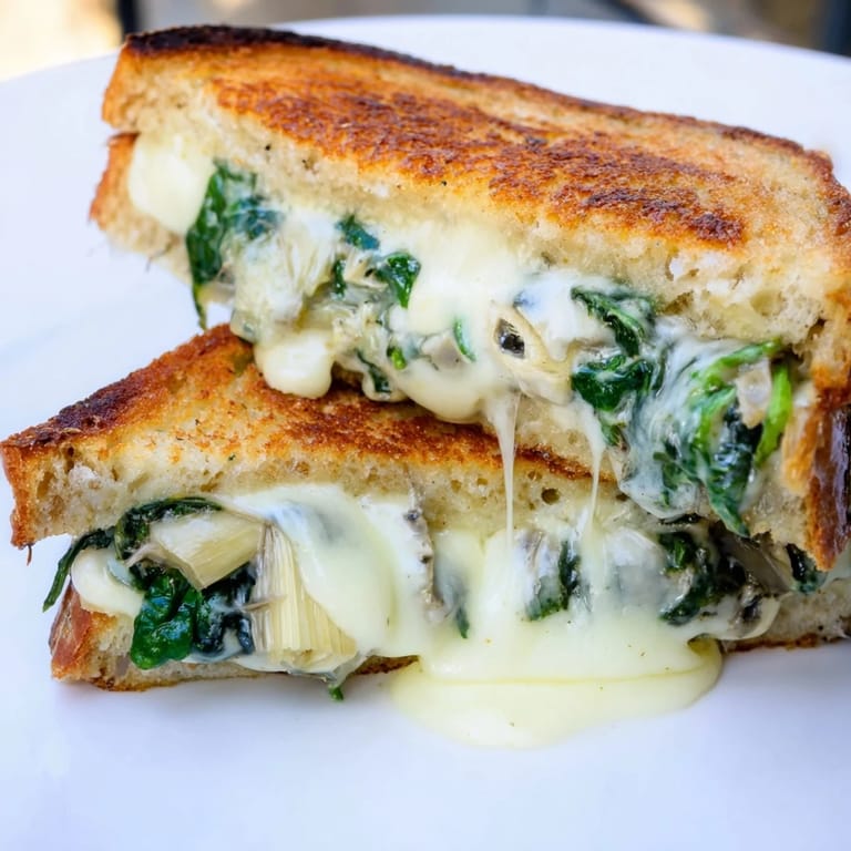 Buttery, crisp sourdough encases a savory artichoke spinach grilled cheese, served beside fresh greens for a balanced meal.