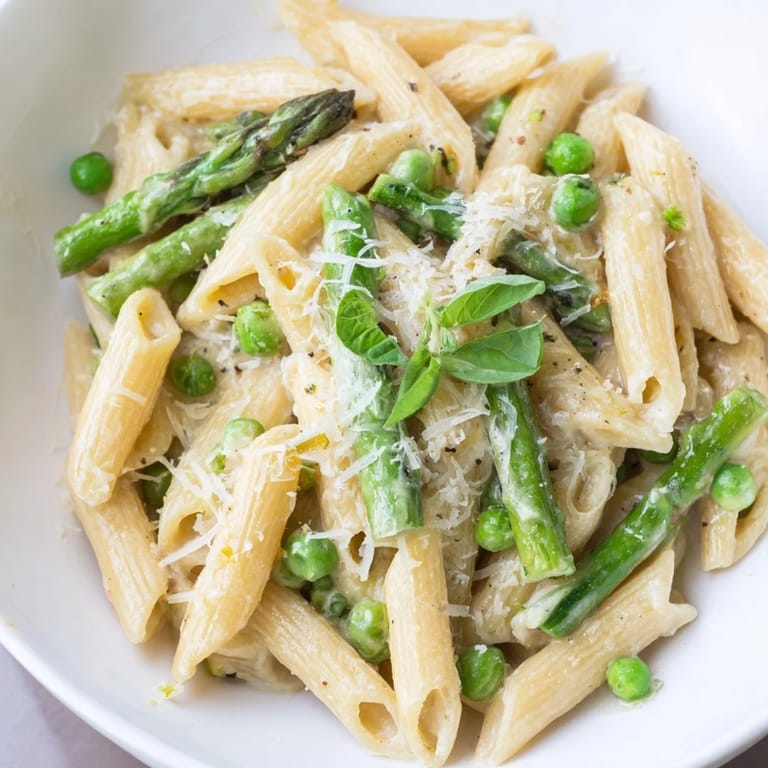 Close-up of vibrant Garlic Parmesan Spring Vegetable Pasta, highlighting tender vegetables coated in a light, creamy garlic-Parmesan sauce and a sprinkle of black pepper.