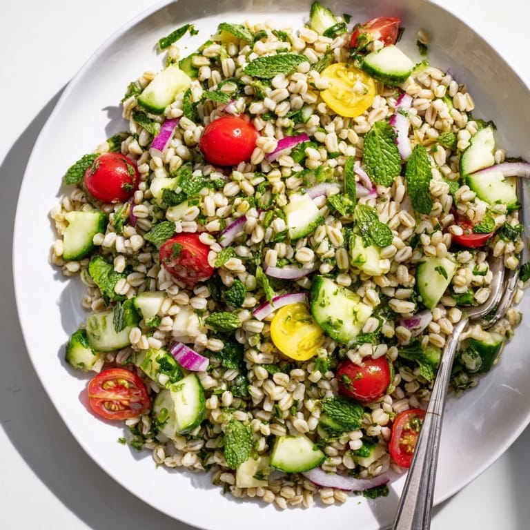 Close-up of chilled Barley and Herb Salad with halved cherry tomatoes, diced cucumber, and red onion, drizzled with golden olive oil dressing.