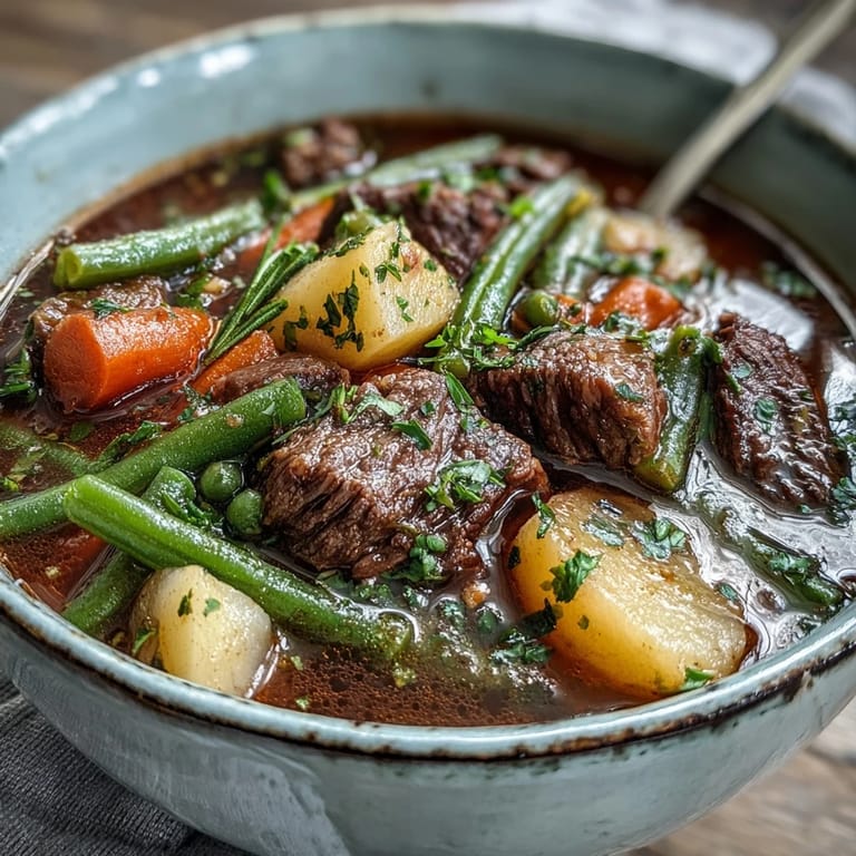 Comforting Beef and Vegetable Soup served in a warm bowl, garnished with parsley and crusty bread.