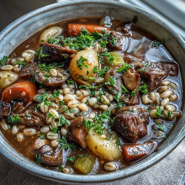 Tender beef cubes and sliced mushrooms in a rich, chunky Vegetable Beef, Barley, and Mushroom Soup.