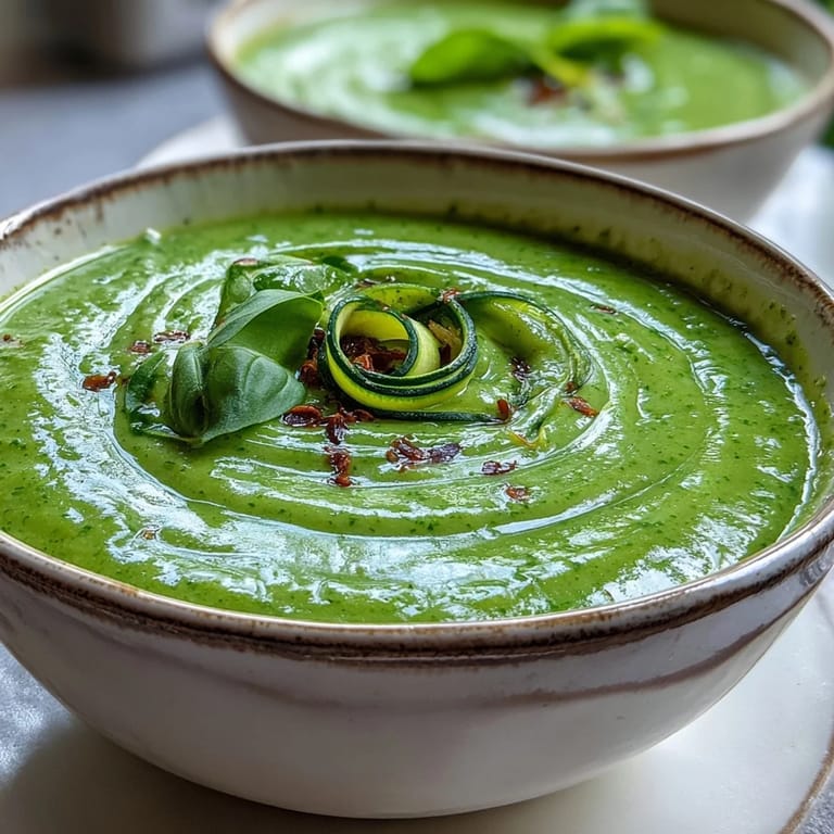 Vibrant bowl of Courgette, Pea and Pesto Soup garnished with a swirl of green pesto.