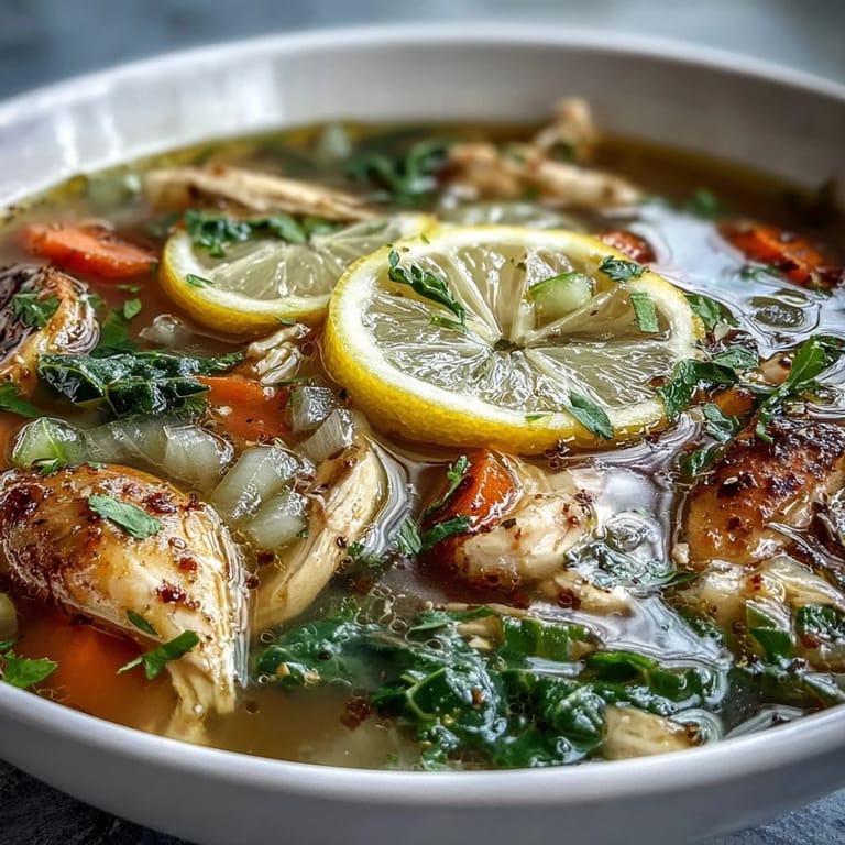 Steaming bowl of High Protein Lemon and Turmeric Chicken Soup, garnished with fresh lemon wedges and herbs.