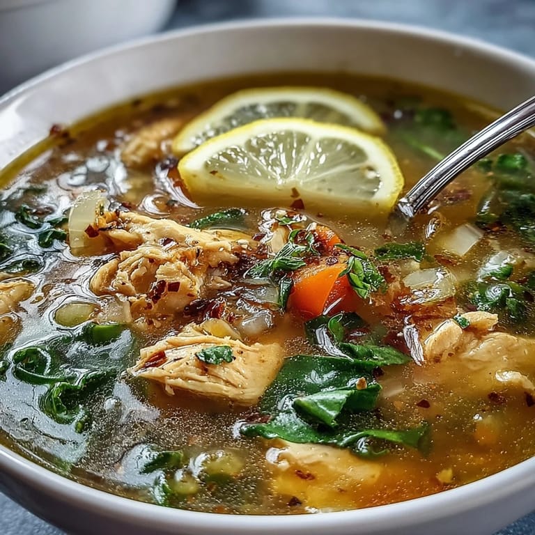 Hearty High Protein Lemon and Turmeric Chicken Soup served in a white ceramic bowl on a wooden table.