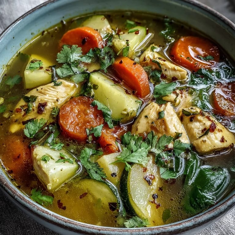 Golden turmeric chicken soup simmered with ginger and spices, topped with vibrant green parsley, ready to serve with a spoon.