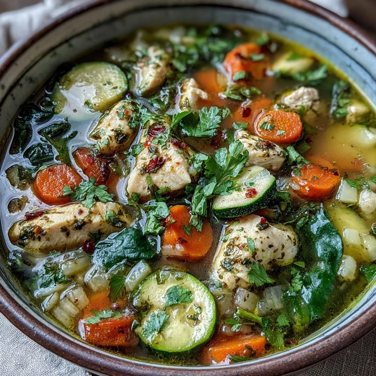 Healthy turmeric chicken soup featuring wilted spinach and zucchini in a rich broth, perfect for a cozy anti-inflammatory meal.