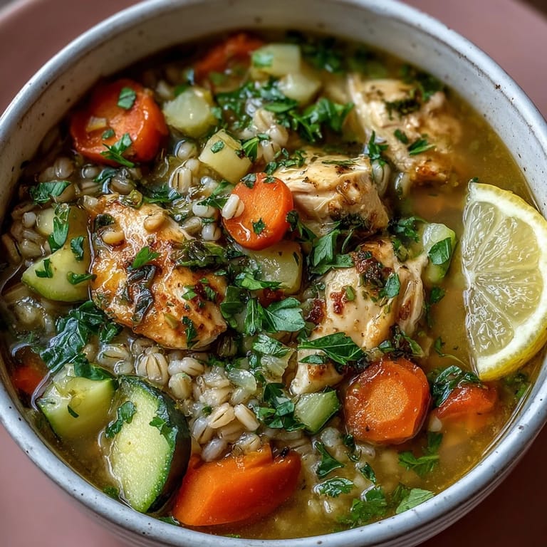 Hearty soothing turmeric chicken with pearl barley soup served with crusty bread and a sprinkle of fresh parsley. 