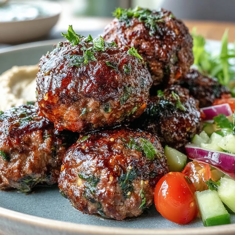 Plated venison meatballs with spiced salad and hummus, garnished with parsley and ready to serve for dinner.