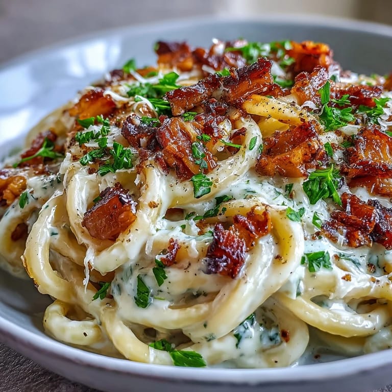 Steaming Celeriac Carbonara in a skillet after tossing spiralised celeriac noodles with eggs, Parmesan, and crispy pancetta.