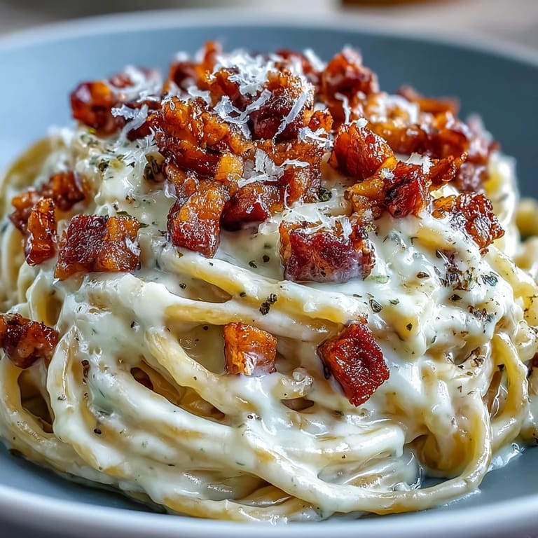 Close-up of a forkful of low-carb Celeriac Carbonara next to a glass of Pinot Grigio on a rustic table.