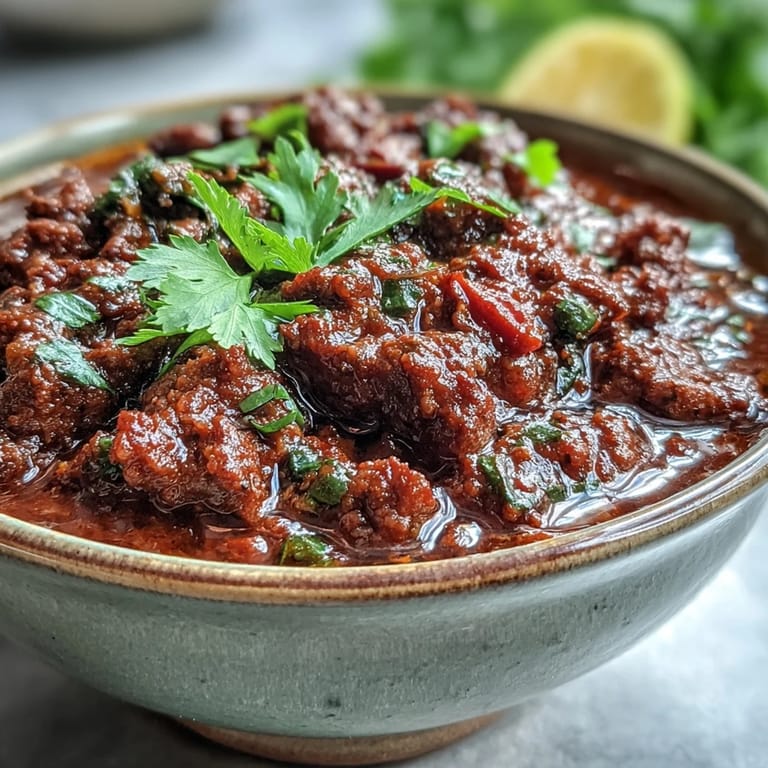 Steaming Venison Keema Curry reveals finely chopped onion, tomato, and aromatic spices in a hearty, gluten-free skillet meal.