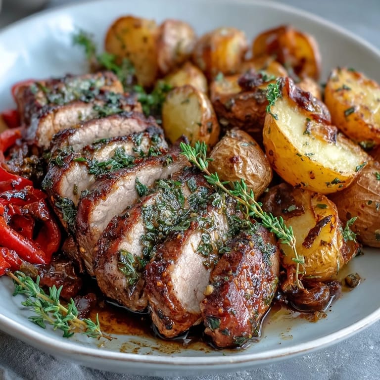 Sizzling Ibérico pork fillet with smoky paprika marinade, fresh rosemary, and lemon zest rests beside caramelized peppers.