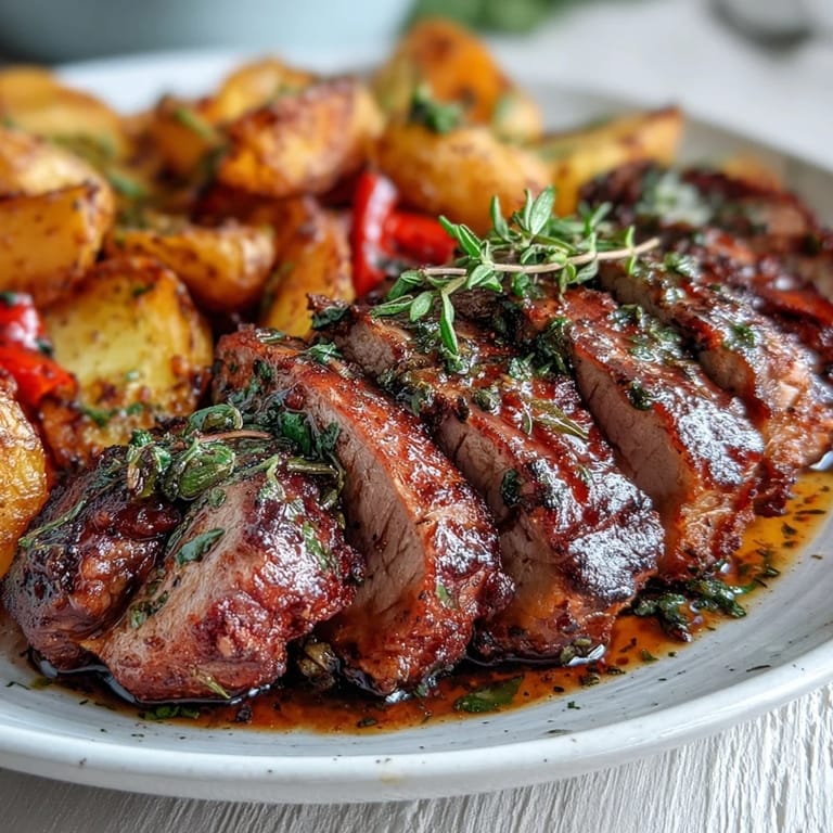 A rustic platter showcases tender Ibérico pork fillet, seasoned potatoes, and roasted red peppers for a Spanish feast.