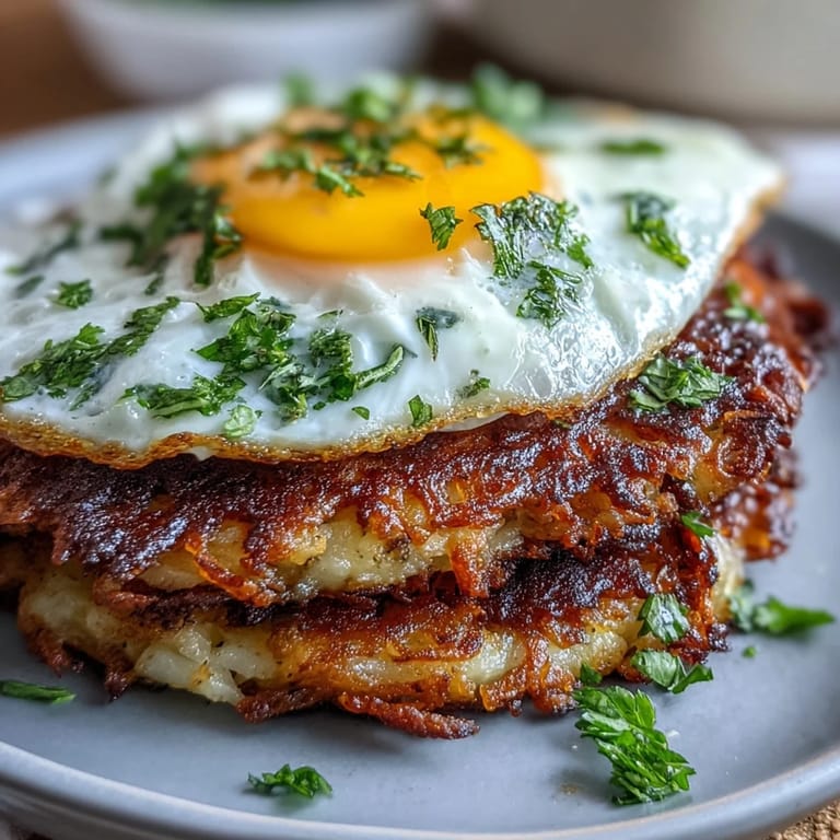 Vegetarian celeriac rösti with harissa yogurt sauce and fried egg served with fresh parsley and lemon.