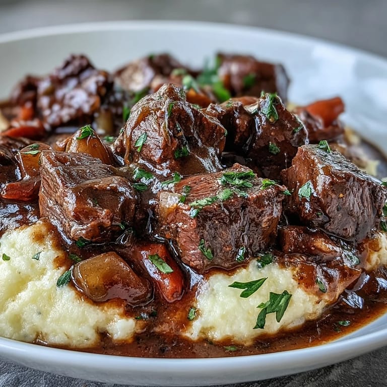 Hearty Venison Stew with Sloe Gin and Polenta served bubbling hot for a cozy dinner.