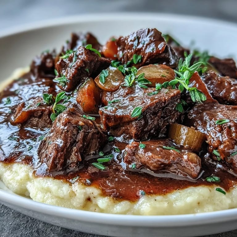 Rustic Venison Stew with Sloe Gin and Polenta garnished with fresh thyme in a rustic bowl.
