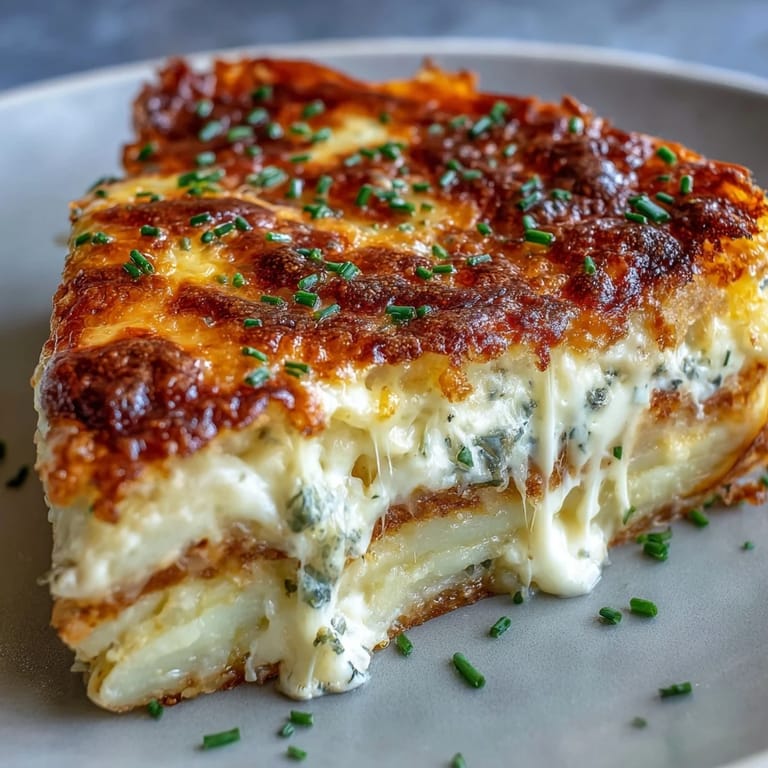 Close-up of Cheese and Potato Pie showing golden crust and decadent, cheesy potato layers.