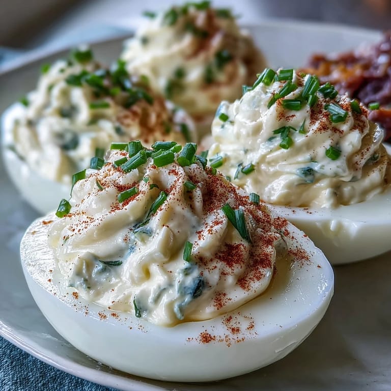 A platter of Million Dollar Deviled Eggs garnished with paprika and chopped chives, ready to serve at a casual lunch.