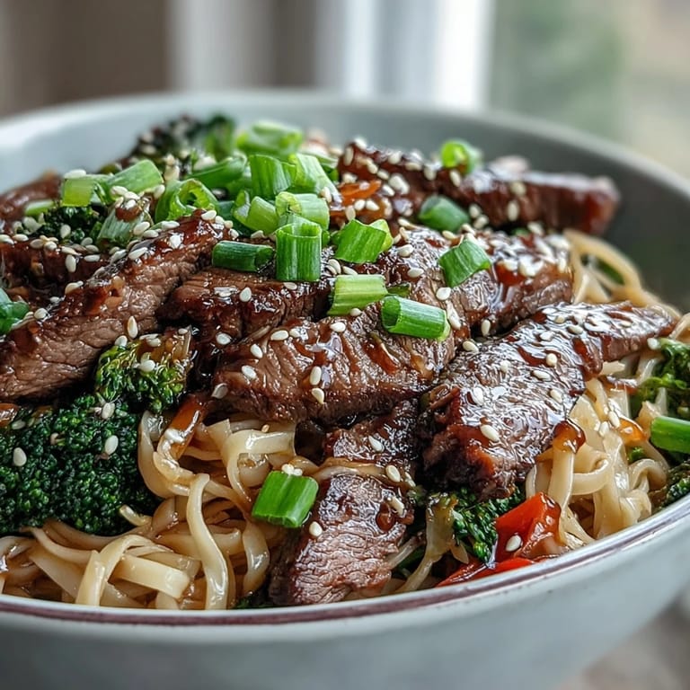 A skillet stir-fry of Korean Beef Noodles with bell pepper and carrot, steam rising and glossy sauce coating the rice noodles.