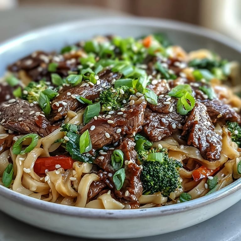 Garnished Korean Beef Noodles in a white bowl, green onions and sesame seeds topping tender steak and colorful vegetables over silky noodles.