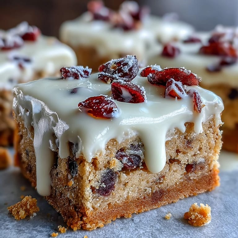 Freshly cut Cranberry Bliss Bars display moist, buttery texture on a platter, perfect for holiday gatherings or tea time.