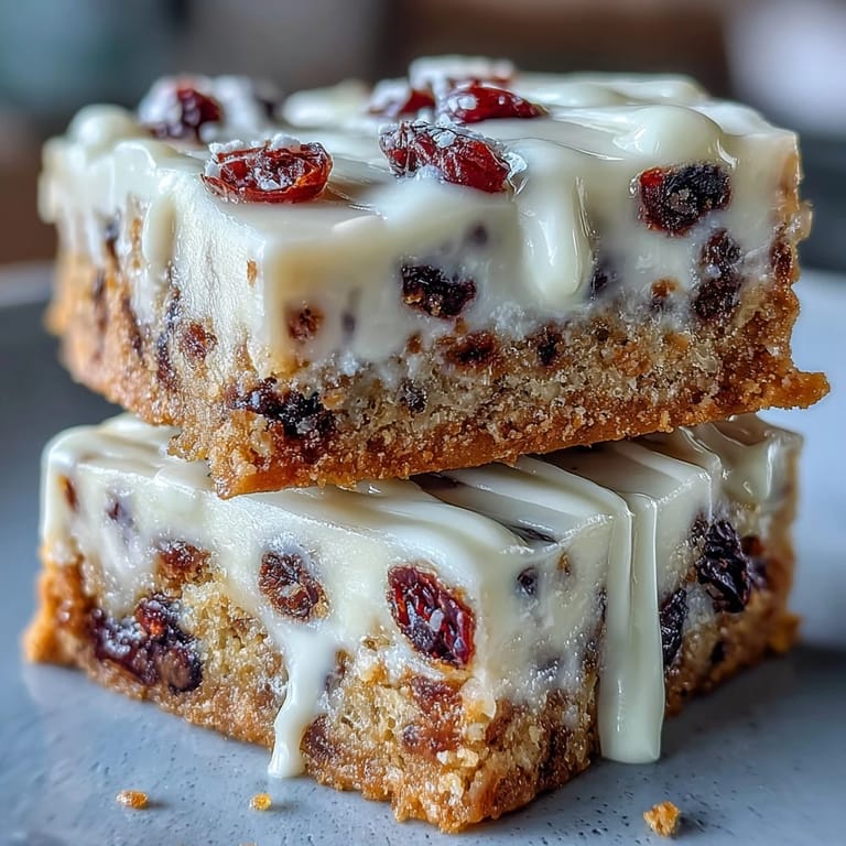 Frosted Cranberry Bliss Bars feature creamy orange cream cheese frosting, a white chocolate drizzle, and extra cranberry garnish.