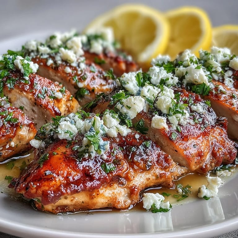 Plated Greek Chicken with Lemon and Feta topped with crumbled cheese beside a fresh salad.