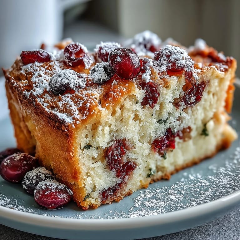 Warm slice of Cranberry Orange Breakfast Cake on a white plate, served with coffee for a cozy morning treat.