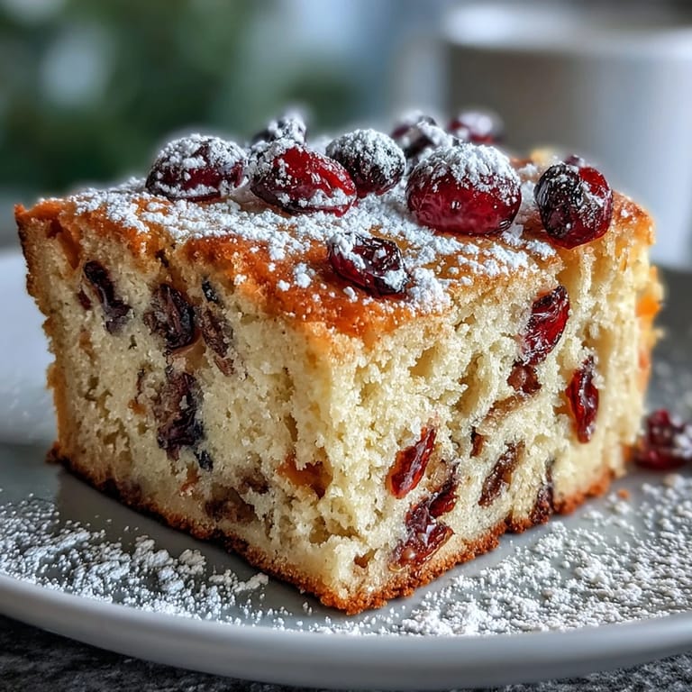 Overhead view of Cranberry Orange Breakfast Cake in a round pan, bursting with vibrant cranberries and specks of orange zest.