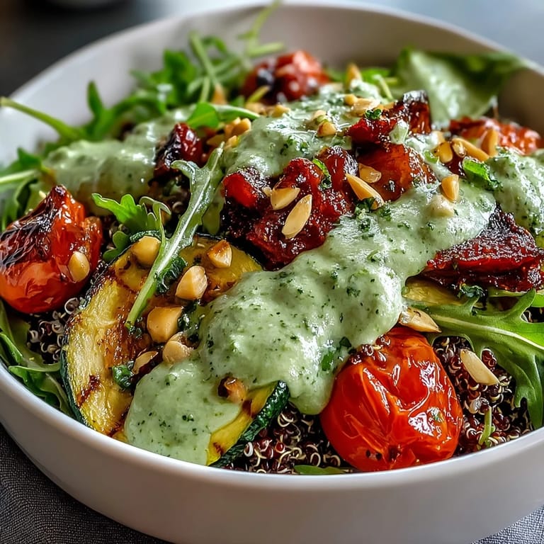 A hearty Arugula Pesto Bowl featuring fluffed quinoa, roasted red peppers, and toasted pine nuts, ready for a delicious vegetarian dinner.