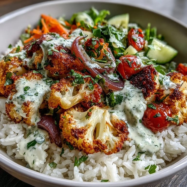 Close-up of roasted cauliflower bowl with colorful vegetables, rice, and smooth tahini drizzle ready to eat.