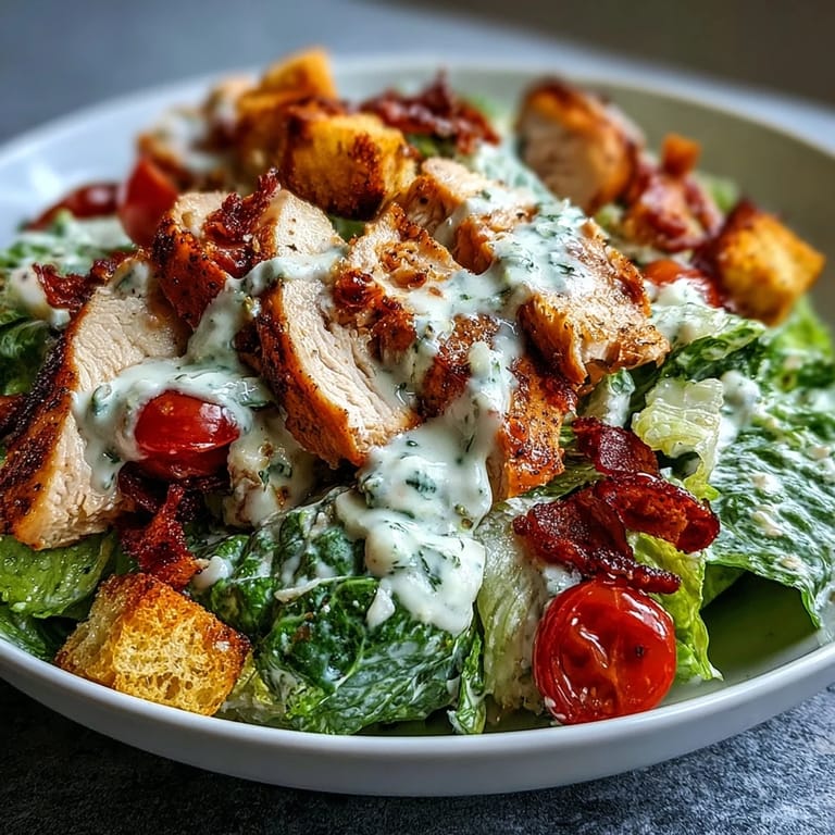 Hearty Romaine Caesar Bowl featuring juicy grilled chicken and crisp homemade croutons on greens.