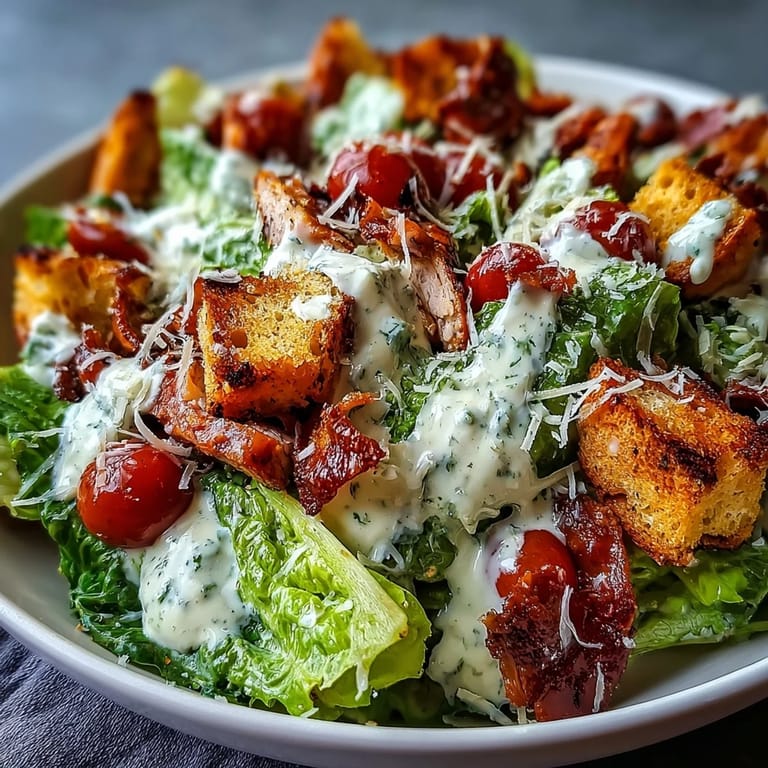 Fresh Romaine Caesar Bowl with grilled shrimp, cherry tomatoes, and creamy dressing drizzle.